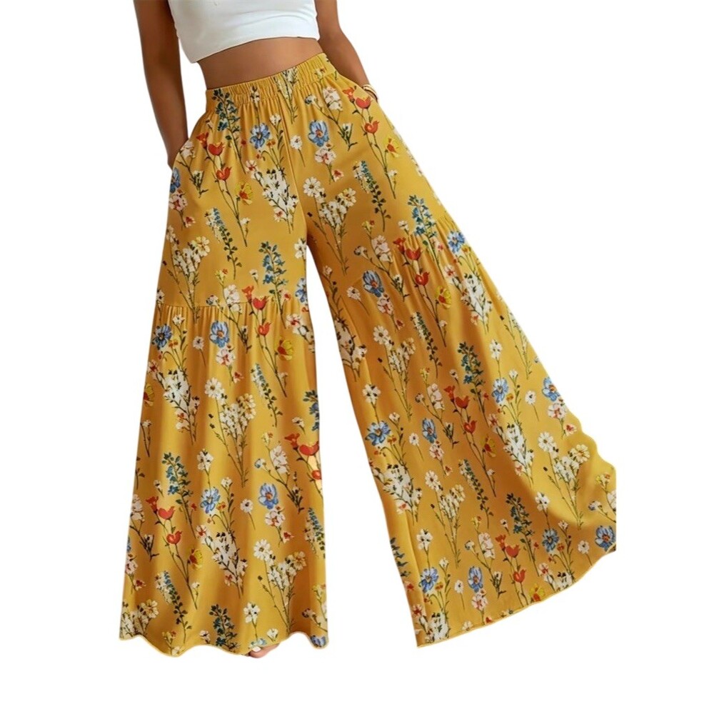Boho Tiered Wide Leg Palazzo Pants L Mustard Yellow Floral Hippie Cottagecore - Picture 3 of 13